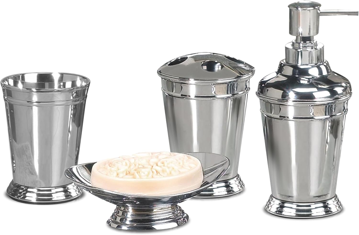 nu Steel Timeless 304 Stainless Steel Bath Accessory Set for Vanity Countertops,4 Piece Luxury Ensemble Includes soap Dish,Toothbrush Holder,Tumbler,soap and Lotion Pump,Chrome