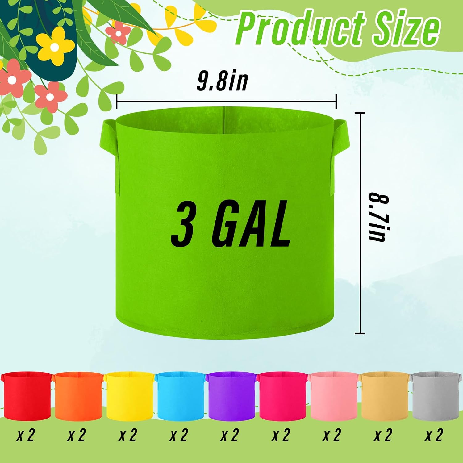 Ziliny 20 Pack 3 Gal Colored Fabric Grow Bags Bulk Colorful Plant Grow Bags Nonwoven Fabric Pots with Handles Seeds Vegetables Tomato Planter Buckets for Outdoor Garden Fruits Flower, 10 Colors