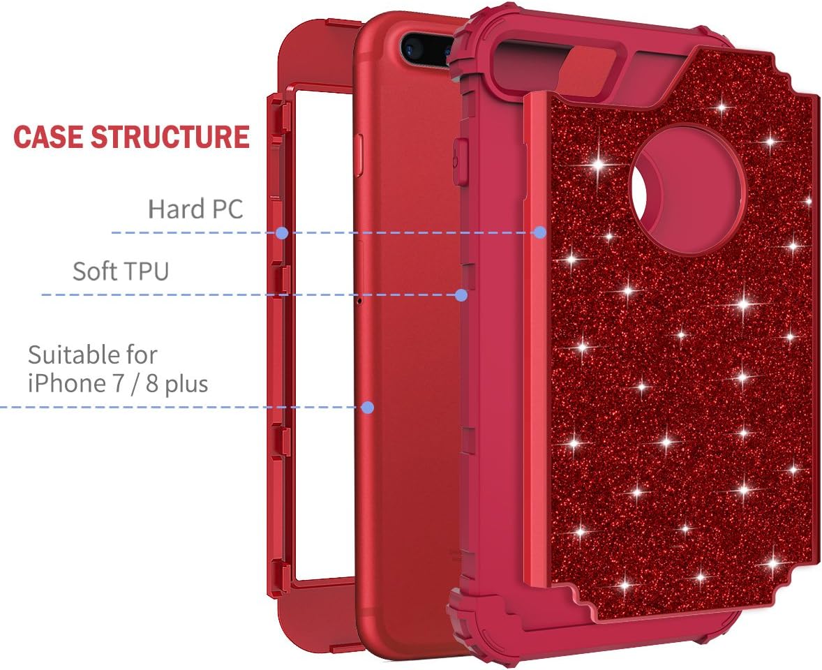 LONTECT for iPhone 8 Plus Case, iPhone 7 Plus Case Glitter Sparkle Bling Heavy Duty Hybrid Sturdy High Impact Shockproof Protective Cover Case for Apple iPhone 8 Plus/iPhone 7 Plus, Shiny Red