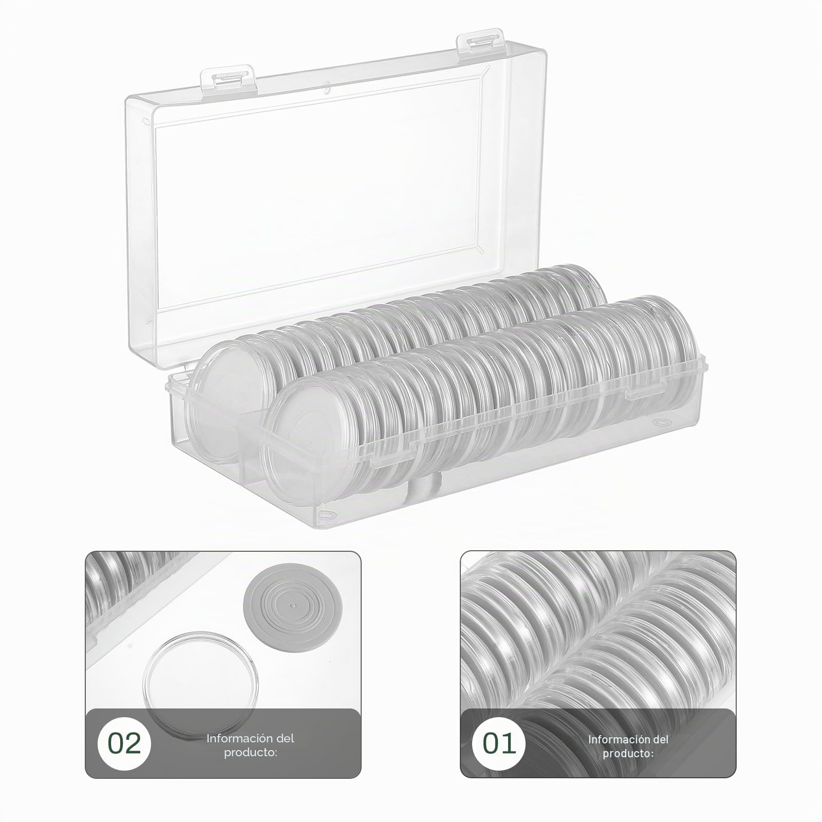 Operitacx Caja De Almacenamiento Para Monedas Transparente Redonda De Plástico Con 40 Cápsulas Con Junta Protectora Para Coleccionistas De Monedas