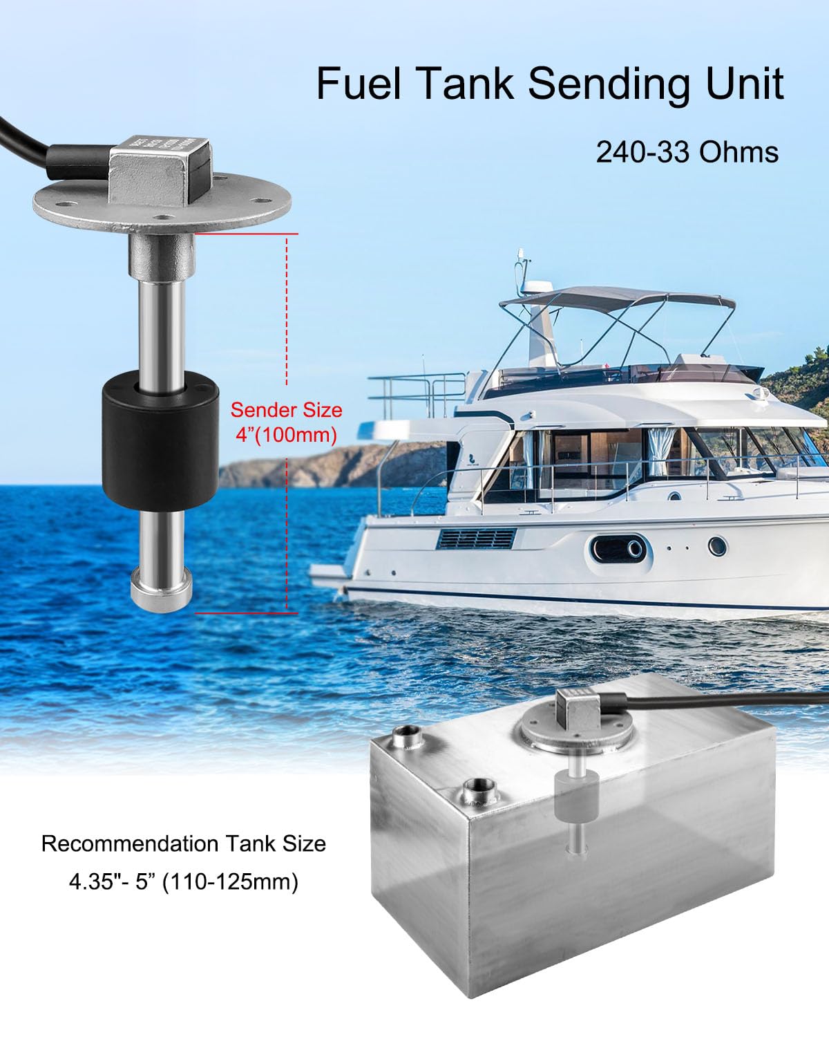 240-33 ohms 4"(100mm) Fuel Level Sending Unit for Marine Boat Truck Car, Fuel Water Level Gauge Sensor Stainless Steel Fuel Gas Sender
