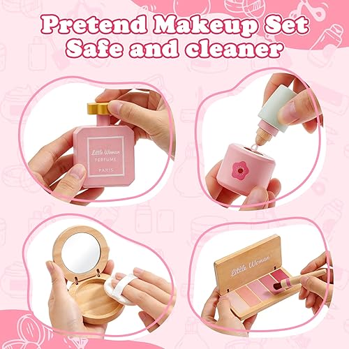 Miniatura 5 de Juego de juguetes de maquillaje de madera para niñas, kit de maquillaje para niños pequeños de 3 a 5 años con sombra de ojos, rímel, perfume, rubor