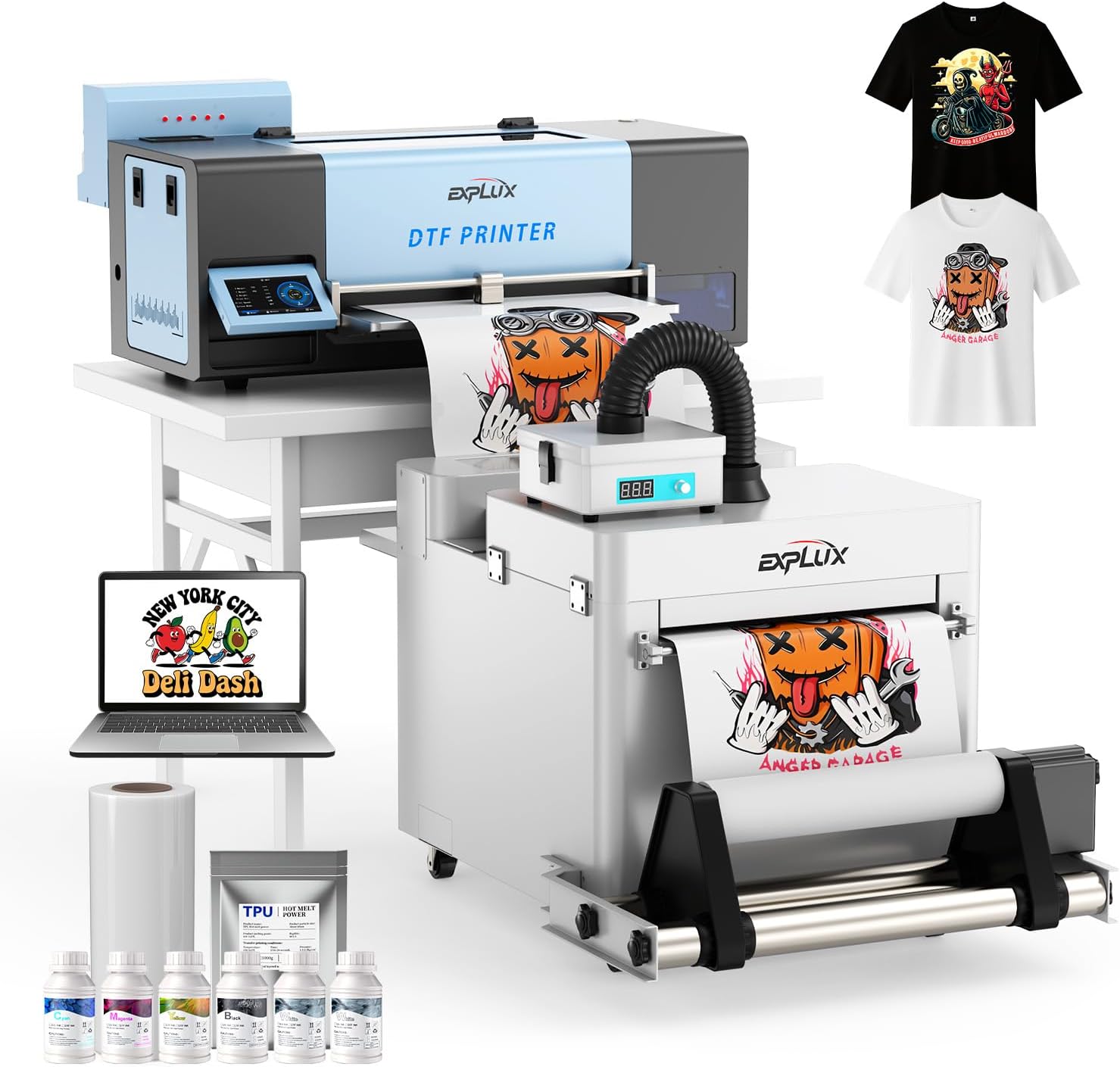 EXPLUX A3 S13 DTF Printer Xp600 with Holiday Auto-Cleaning, White Ink Circulation, 5" Touchscreen for DIY T-Shirt Printing, 200% Speed Over L1800/L805, 2-Year Ink Supply (Printer+Powder Shaker+Laptop)