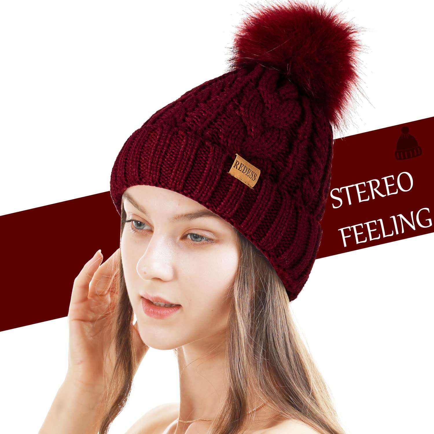 REDESS Cappello Invernale da Donna con Pom Pom Beanie Caldo Foderato in Pile Spesso Slouchy Snow Knit Chunky Baggy Skull Berretto da Sci
