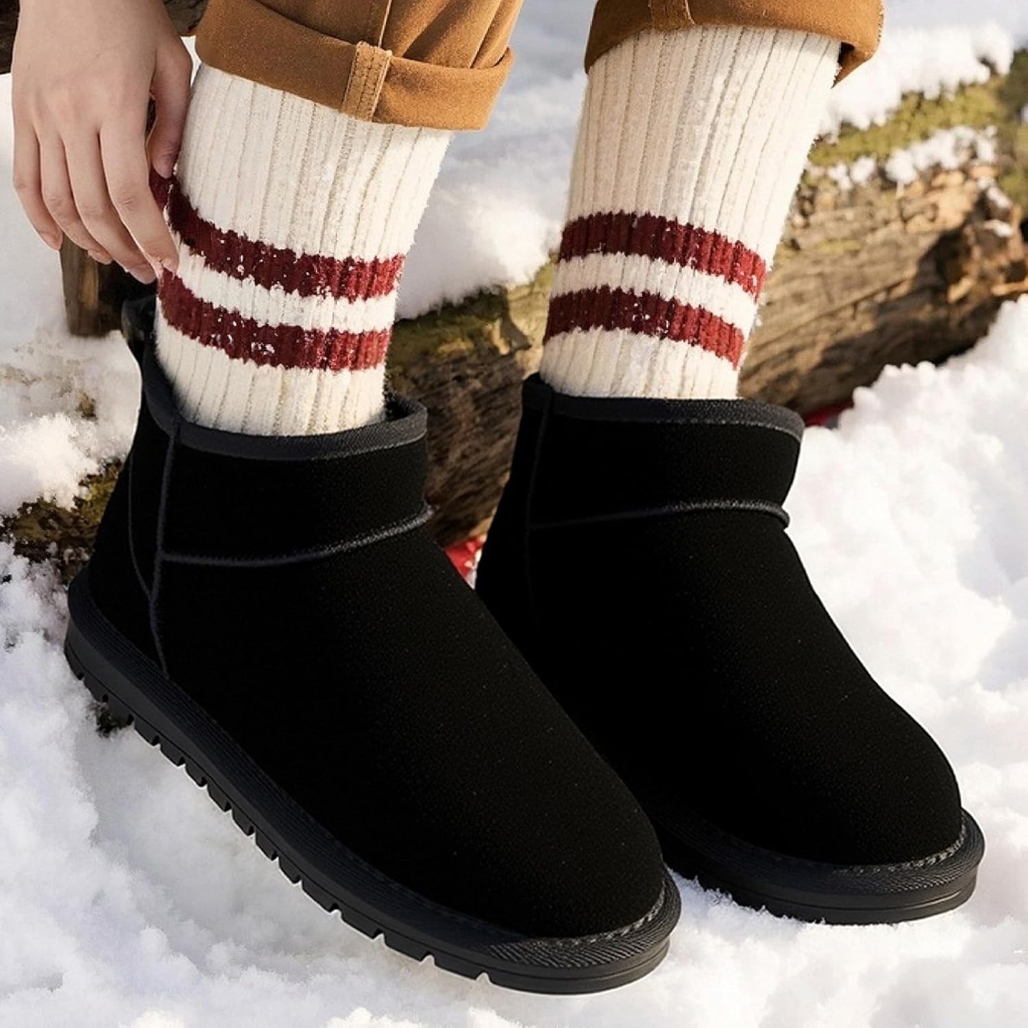 Genuine Suede Ankle Snow Boots for Women Men-Water Resistant Warm Flat Padded Winter Fuzzy Mini Boots with Cozy Faux Fur Lining - Image 2