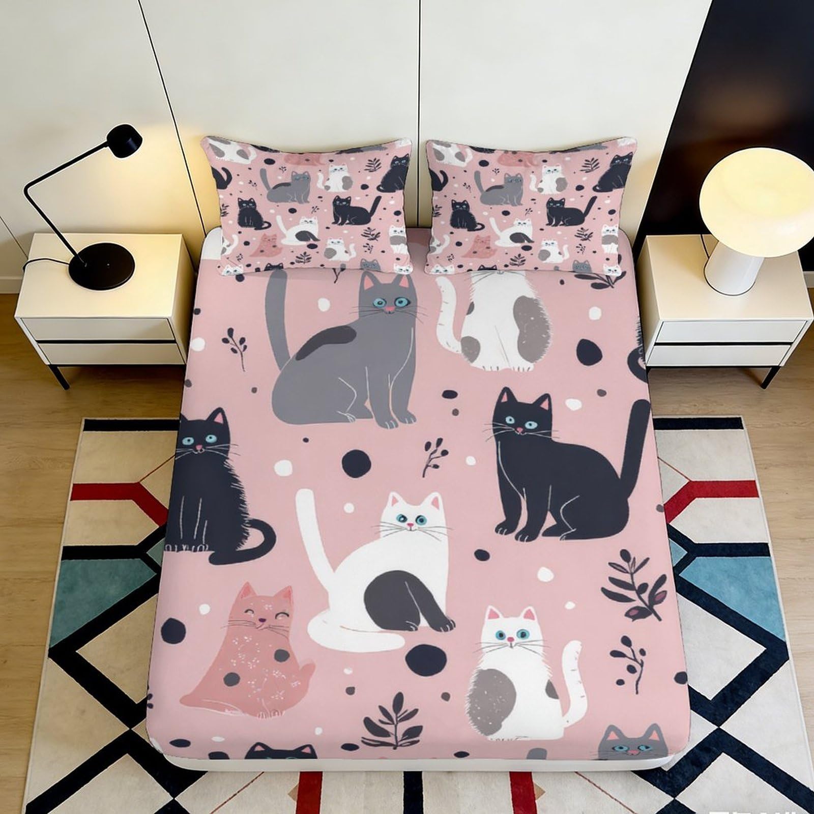 3D Printed Cartoon Cat Fitted Sheet Microfiber Pink Animal Bed Sheet for Bedroom Guest Room Mattress Protection Decor 90x200x25cm
