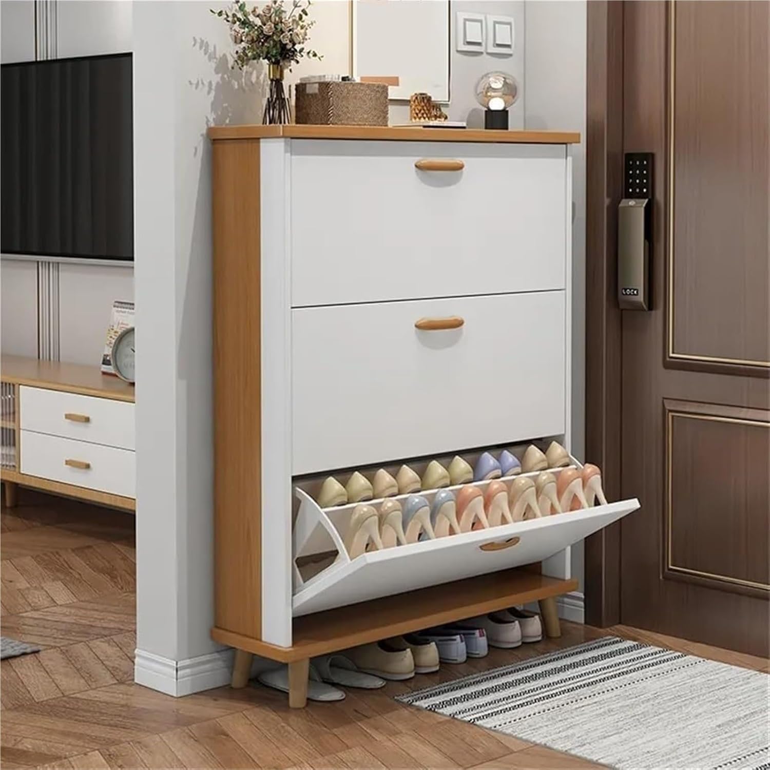 Shoe Storage Cabinet Cabinets Hallway Slim Cupboard Cupboards Hallways Slimline，Freestanding Shoe Cabinet with 3 Flip Drawers, Adjustable Shoe Storage Organizer for Entryway, Foyer & Hallway
