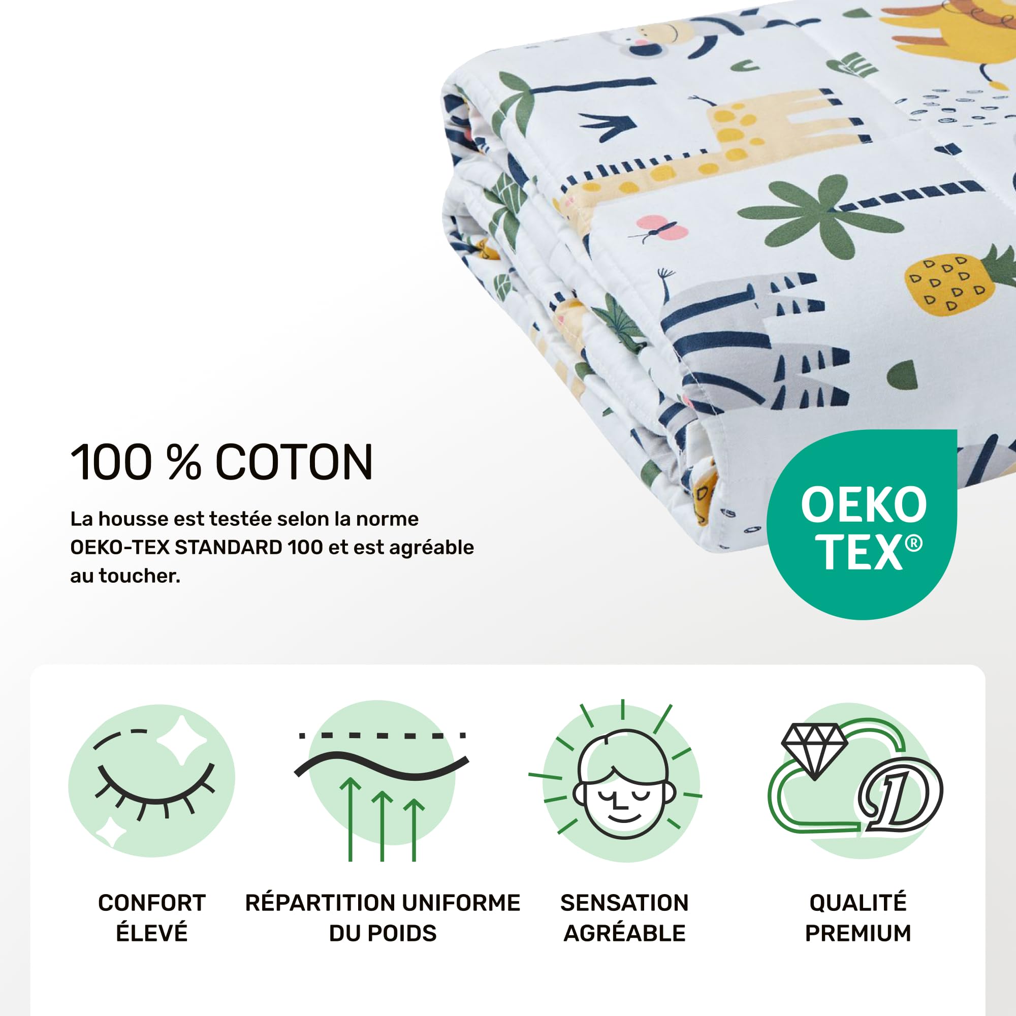 Dailydream Couverture Lestée Enfant | thérapeutique | 90x120 cm | 2,3 kg | Motif Safari | 100% Coton | avec Perles de Verre | Couette pondérée | apaisante et relaxante | Poids corporel 20-35 kg