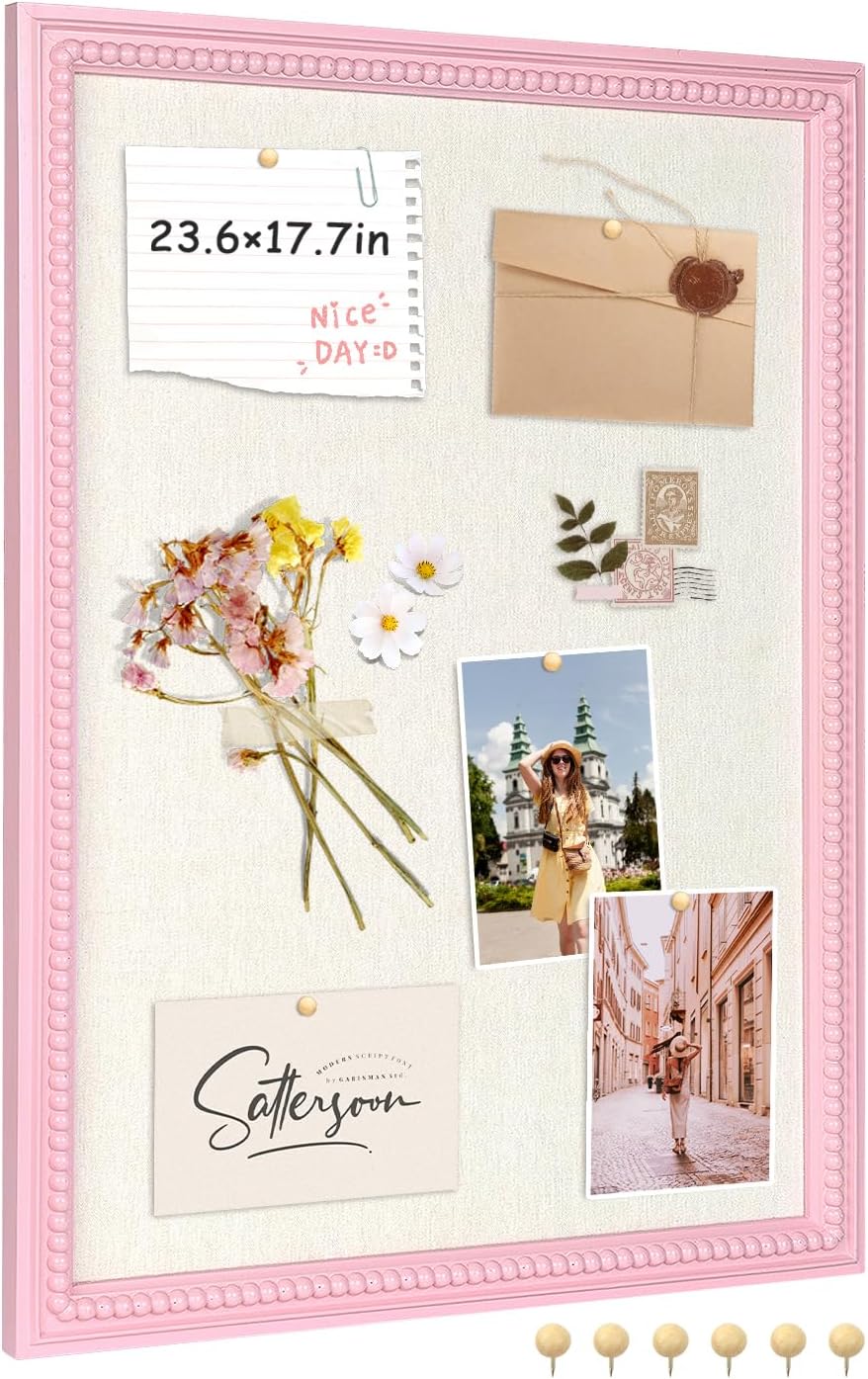 Framed Linen Bulletin Board - 18 x 24 inches Fabric Organizer Pinboard for Wall, Picture Display Vision Board, Cutecore Room Decor - Natural Linen with Pink Frame