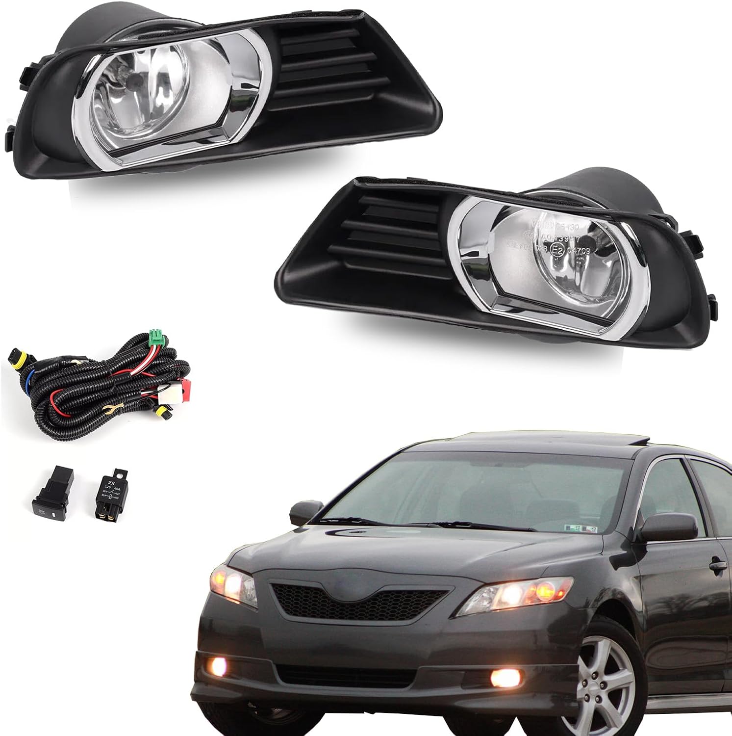 YLT AUTO Front Bumper Running Fog Light A Pair of LH+RH Replacement Kit Chrome + Black Fog Light Cover with Bulb/Switch and Harness For 2016-2020 Toyota Tacoma (Only For SR, SR5 Models)