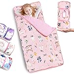 Primlect Thickened Toddler Nap Mat with Removable Pillow and Minky Blanket, Extra Large 55\'\'x35\'\' Sleeping Bag, Washable, Roll up, Perfect for Daycare, Preschool, Kindergarten, Boys and Girls Pink Fox
