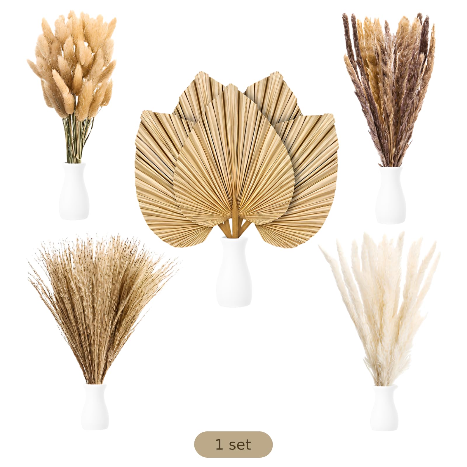 105 STK. Trockenblumen-Deko, Trockenpalmenblätter und Pampasgras-Blumenstrauß, natürliche Palm Spears für Boho-Tischdeko bei Hochzeit und Zuhause, DIY-Blumenarrangements