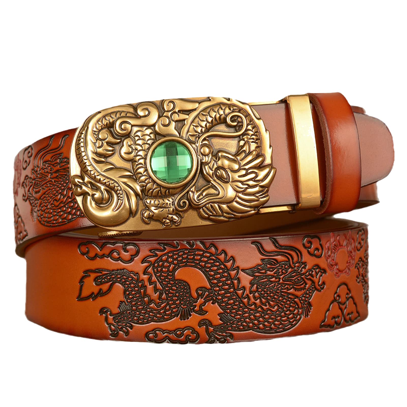 Cinturón De Cuero Repujado For Hombre, Con Dragón Y Piedra Preciosa, Hebilla Deslizante Automática, Estilo Vaquero Occidental, Totalmente Ajustable
