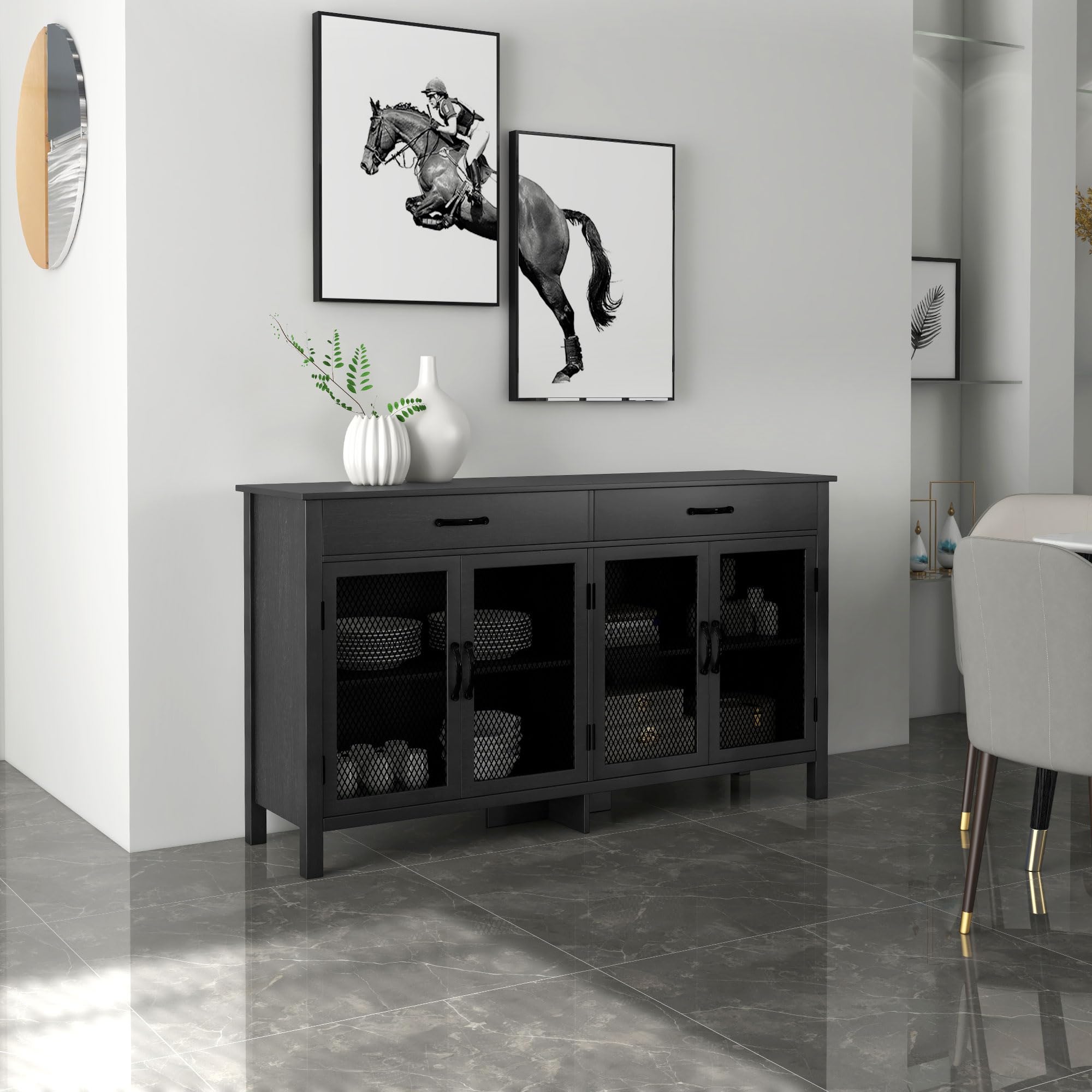 HOMCOM Mueble Aparador Bajo Armario de Almacenaje, 4 Puertas con Estantes Ajustables y 2 Cajones, Estilo Industrial, 150 x 40 x 85 cm, Color Negro