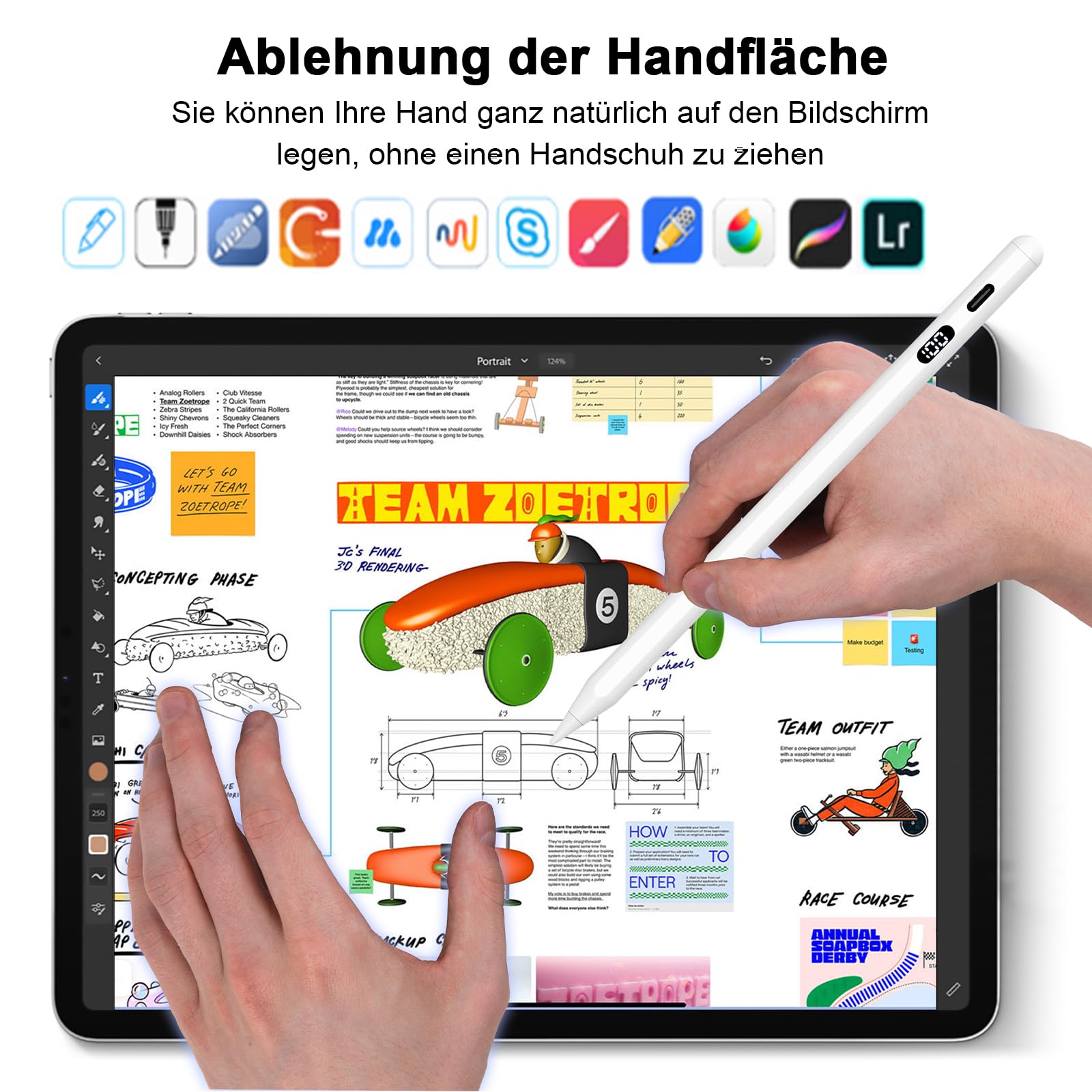 Rysik do iPada (2025-2018): rysik do iPada z wyświetlaczem LED i wydajnością szybkiego ładowania USB-C - Palm Rejection & Tilt Sensitivity - Stylus Pen do i-Pad 6-11, Air 3-5/M2/M3, Pro 11/12.9"/13