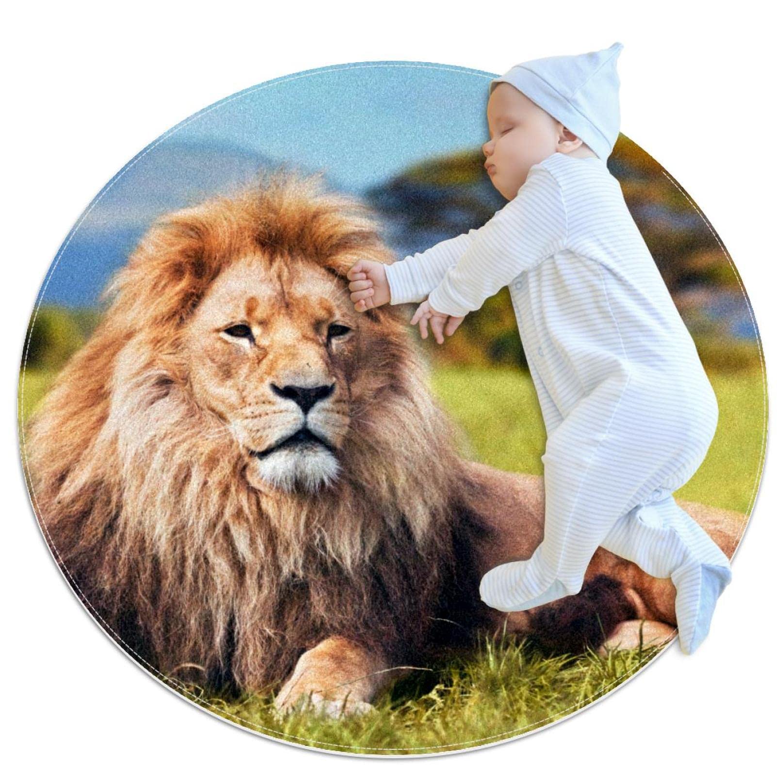Tapis enfant lion africain tapis de jeu rond pour chambre fille et garçon