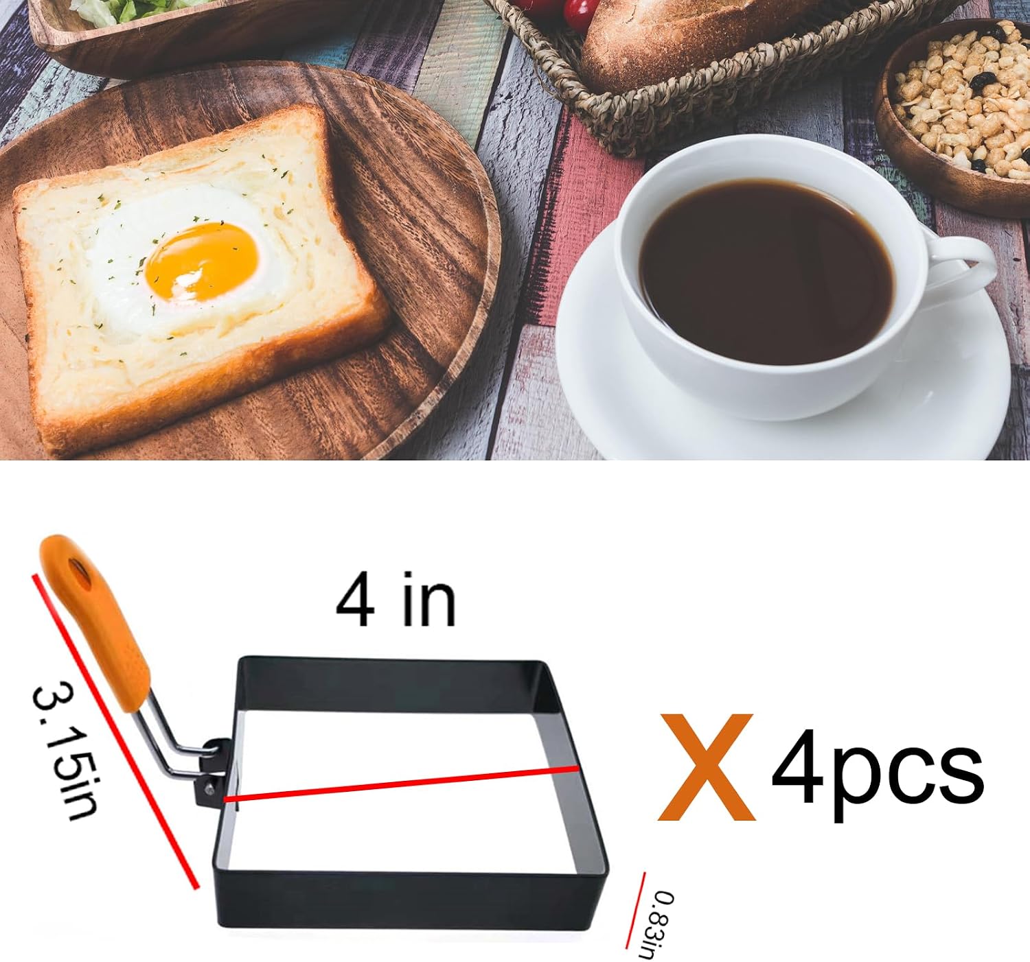 Large 4 Pcs 4 Inch Sqaure Egg Ring for Griddle Frying Egg,4" Non-stick Stainless Steel Square Egg Mold,Square Omelet Ring Pancake Mold Maker With Silicone Insulated Handle Oil Brush & Egg Separator