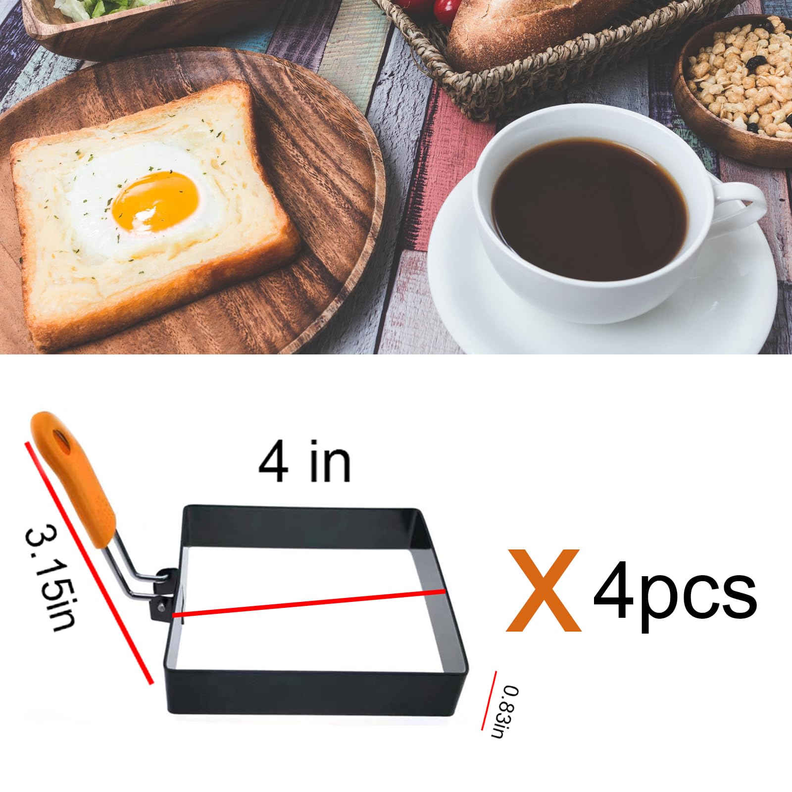 4 anillos cuadrados grandes para huevos cuadrados de 4 pulgadas para freír huevos a la plancha, molde cuadrado de acero inoxidable antiadherente de 4 pulgadas, molde cuadrado para tortitas con mango 6