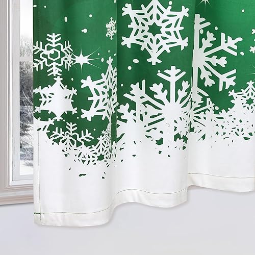 Miniatura 7 de CAROMIO Cenefa de cortinas de cocina de Navidad, cortinas cortas de terciopelo verde para ventanas, decoración floral de copo de nieve, cortinas de