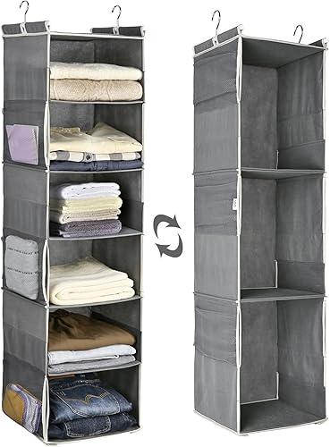 ULG 1 organizador colgante de armario, 3 en 1 a 6 en 1, estantes colgantes reversibles con 6 bolsillos laterales para almacenamiento de ropa,