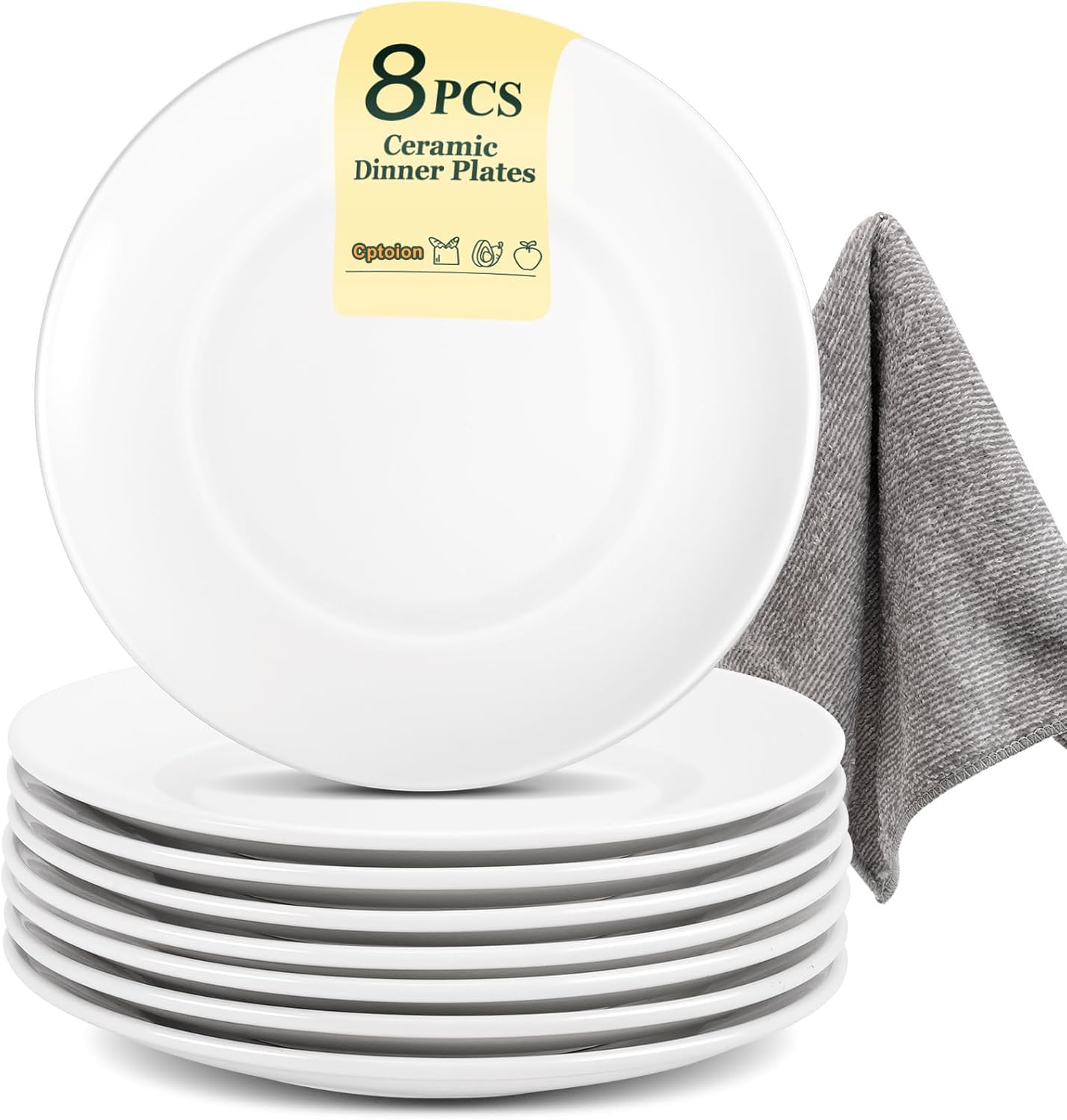 Lot de 8 assiettes rondes en céramique, 25,4 cm, assiettes à dessert, assiettes à petit-déjeuner, assiettes à gâteau, assiettes à salade, empilables, robustes, pour pâtes, pain, plats