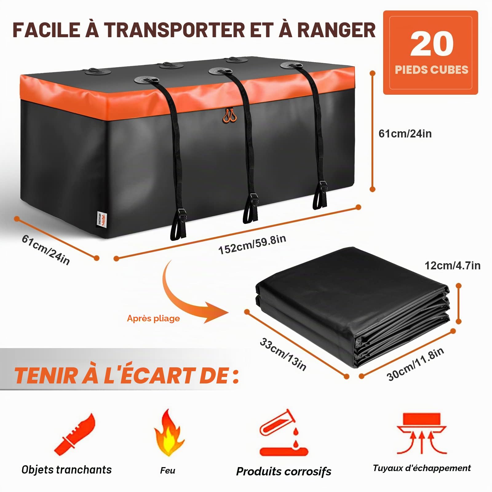 Coffre arrière pour attelage de remorque, 59 m, 24 l, étanche, avec 6 sangles renforcées, convient pour tous les véhicules avec panier de chargement en acier (140 cm, 24 cm, 24 cm)