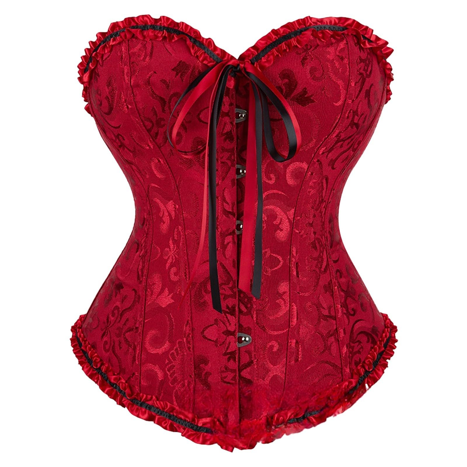 Women's Plus Size Boned Corset Top Overbust Bustier - Floral Lace Up Shapewear Bodysuit with Ruffle Trim, Push Up Waist Trainer for Lingerie & Costume