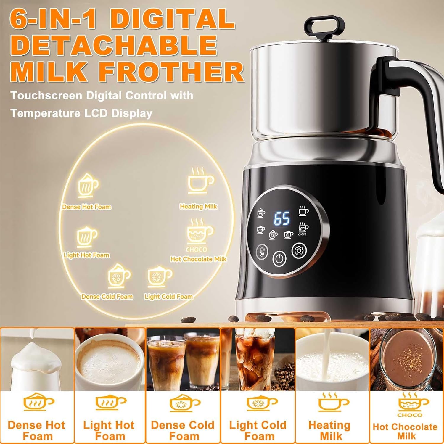 6-In-1 Detachable Electric Milk Frother - 1.2l Automatic Hot And Cold Milk Frother With Digital Display, Dishwasher Safe, Suitable For Lattes And Cappuccinos