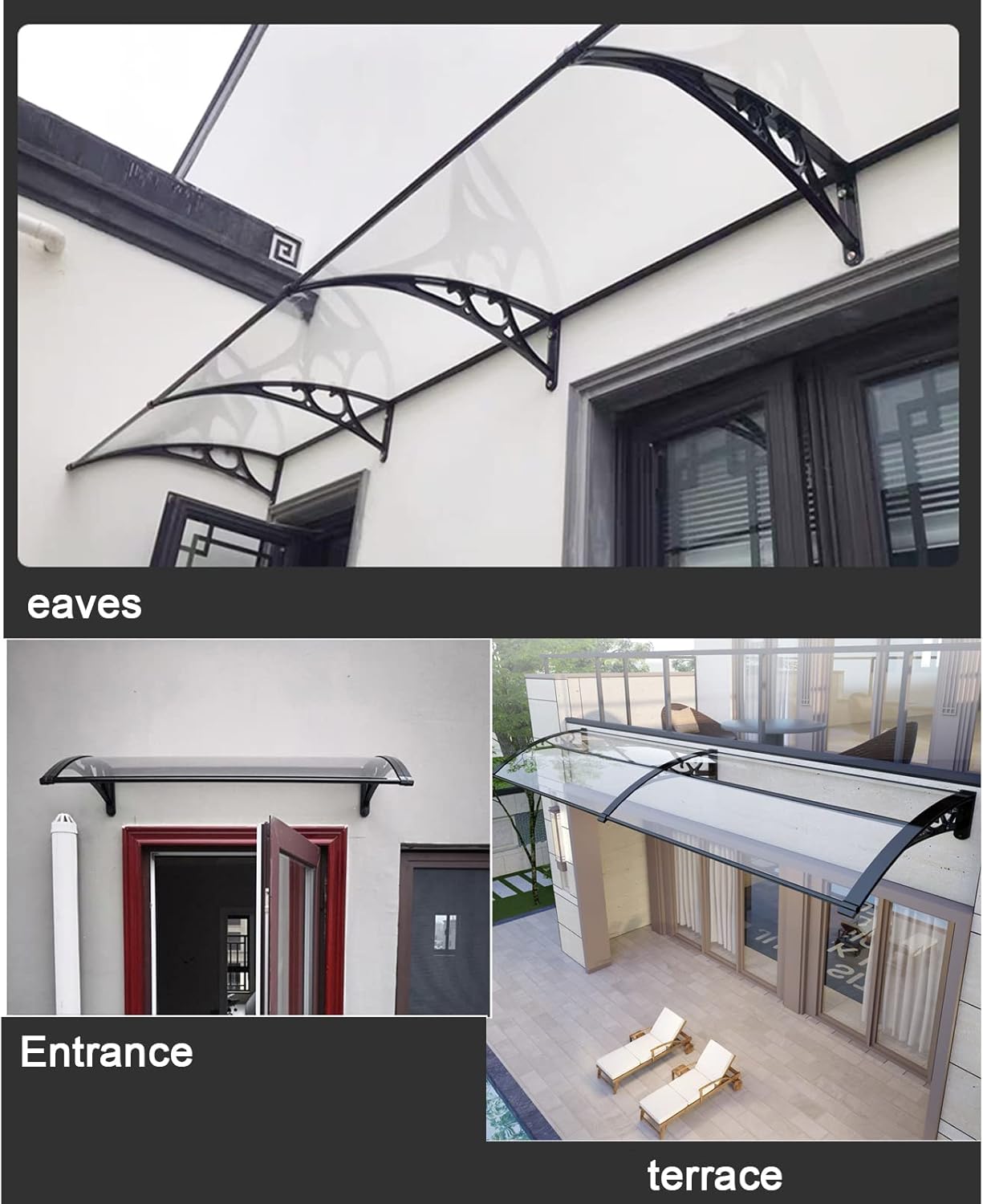Door Awning,Curved Front Door Canopy Outdoor Window Rain Shelter Cover,Roofing Canopies Awning Canopy Uv Snow Protection,Transparent Polycarbonate Board/Black Brackets (Transparent 60x230cm/24"x91")