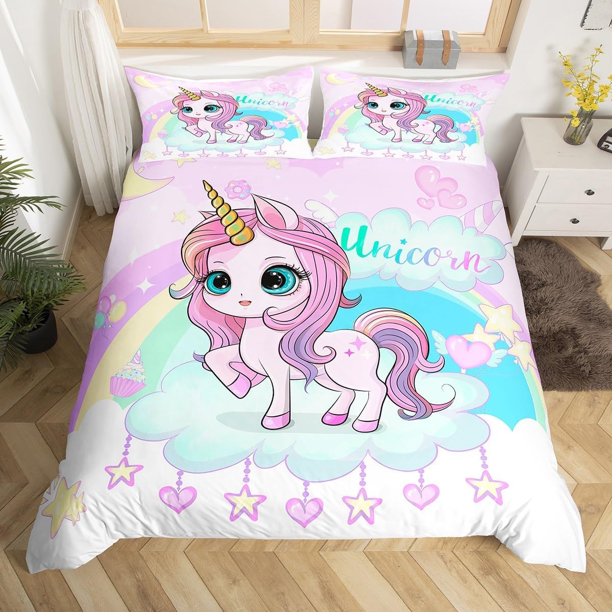 Feelyou Cute Rainbow Unicorn Bedding Set Full, Girls Unicorn Duvet Cover Fairy Dreamy Horse Comforter Cover Kids Toddler Cute Animal Decor Bedspread Cover Bed Set with 2 Pillow Case (No Comforter)