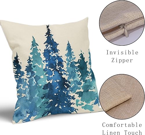 Miniatura 4 de Juego de 2 fundas de almohada de árbol de invierno de 18 x 18 pulgadas, diseño rústico de naturaleza, verde azulado, bosque, fundas decorativas para