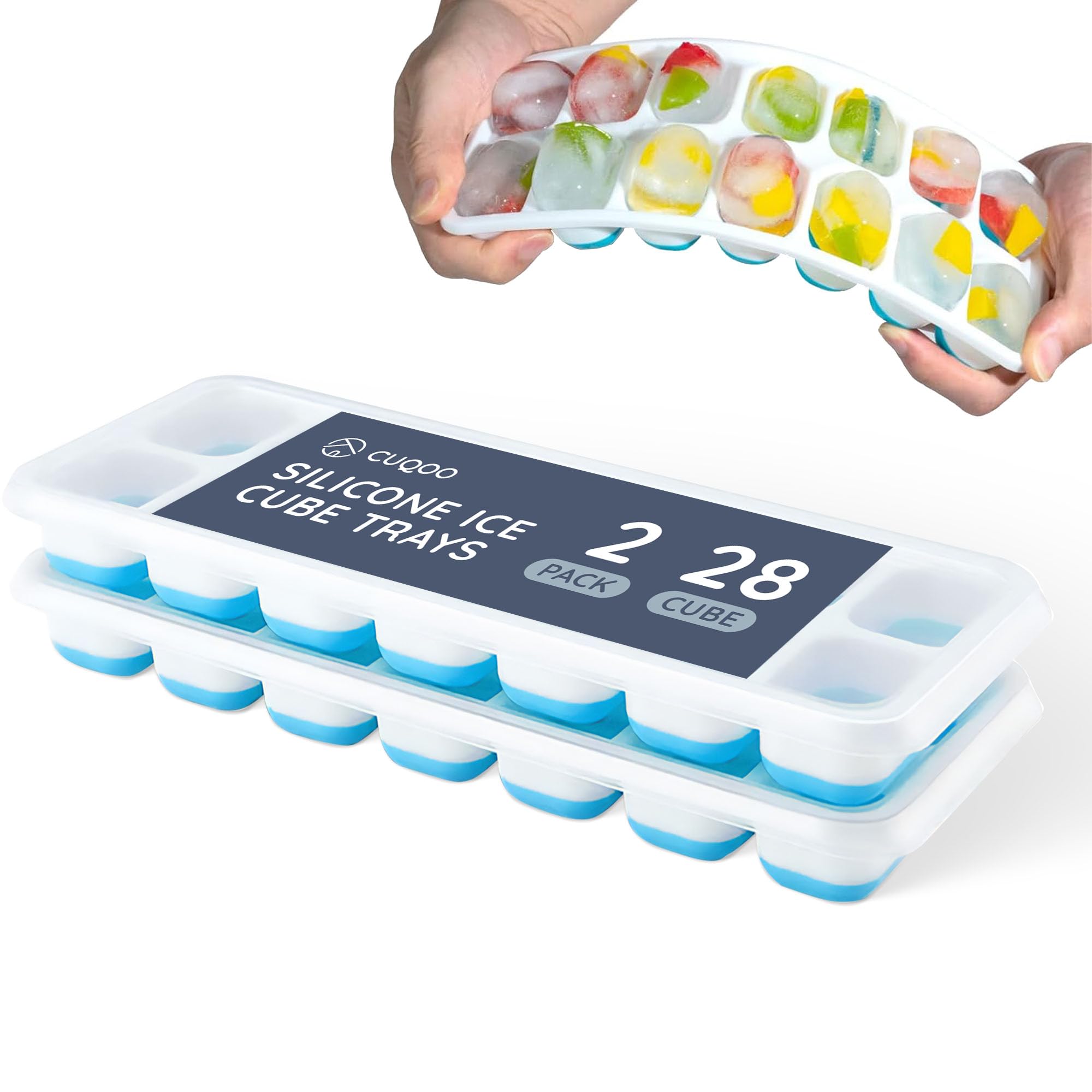 CUQOO Silicone Ice Cube Trays – 2 Pack Easy-Release BPA-Free Freezer Moulds | Food-Grade, Odour-Resistant, Reusable Ice Trays for Cocktails, Baby Food, Iced Coffee – Blue
