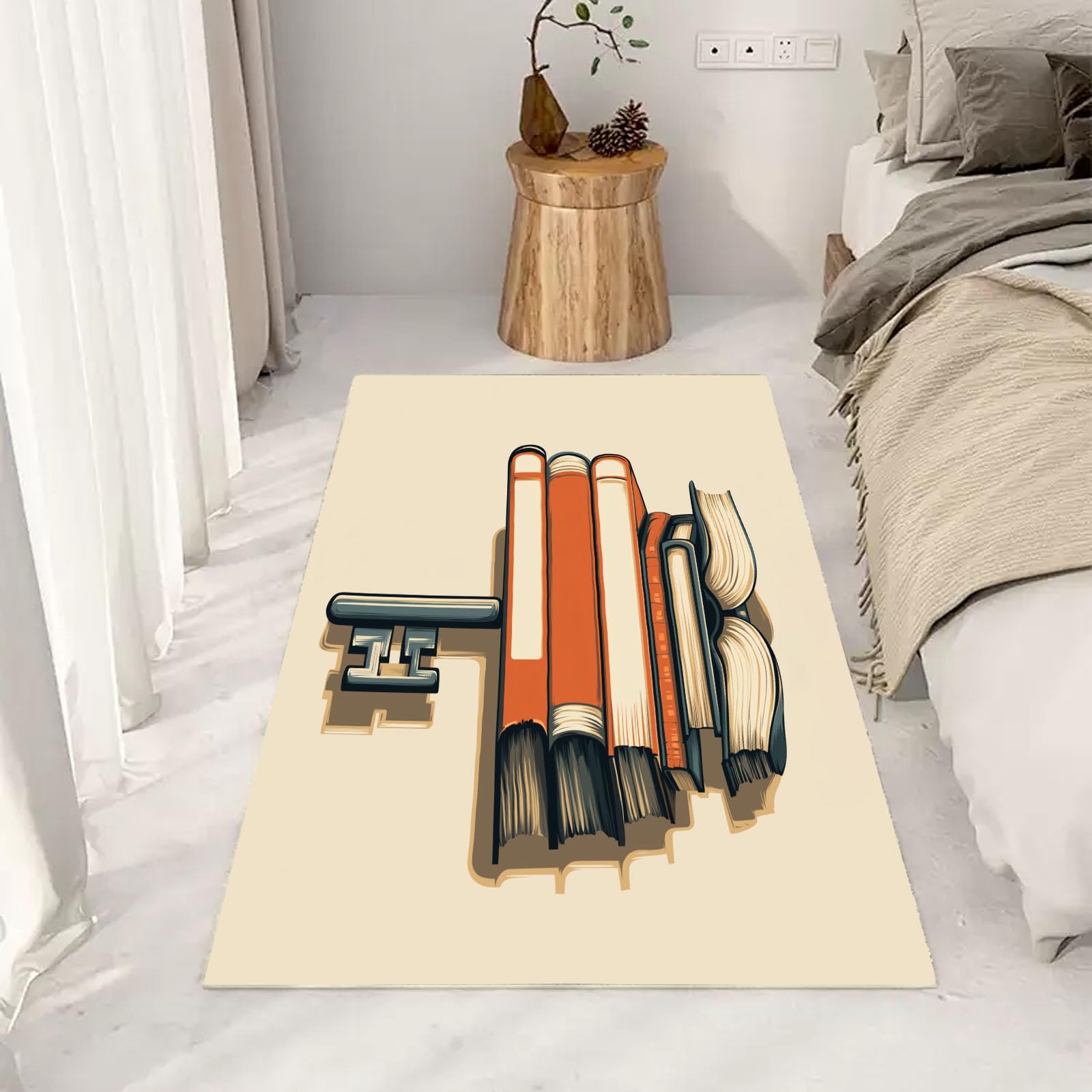 Vintage Bücher Creme Teppich Wohnzimmer 120x170cm Rugs for Living Room, Kurzflor Waschbar Teppisch Minimalismus Wohnzimmerteppich rutschfest für Schlafzimmer Kunstwolle Carpet