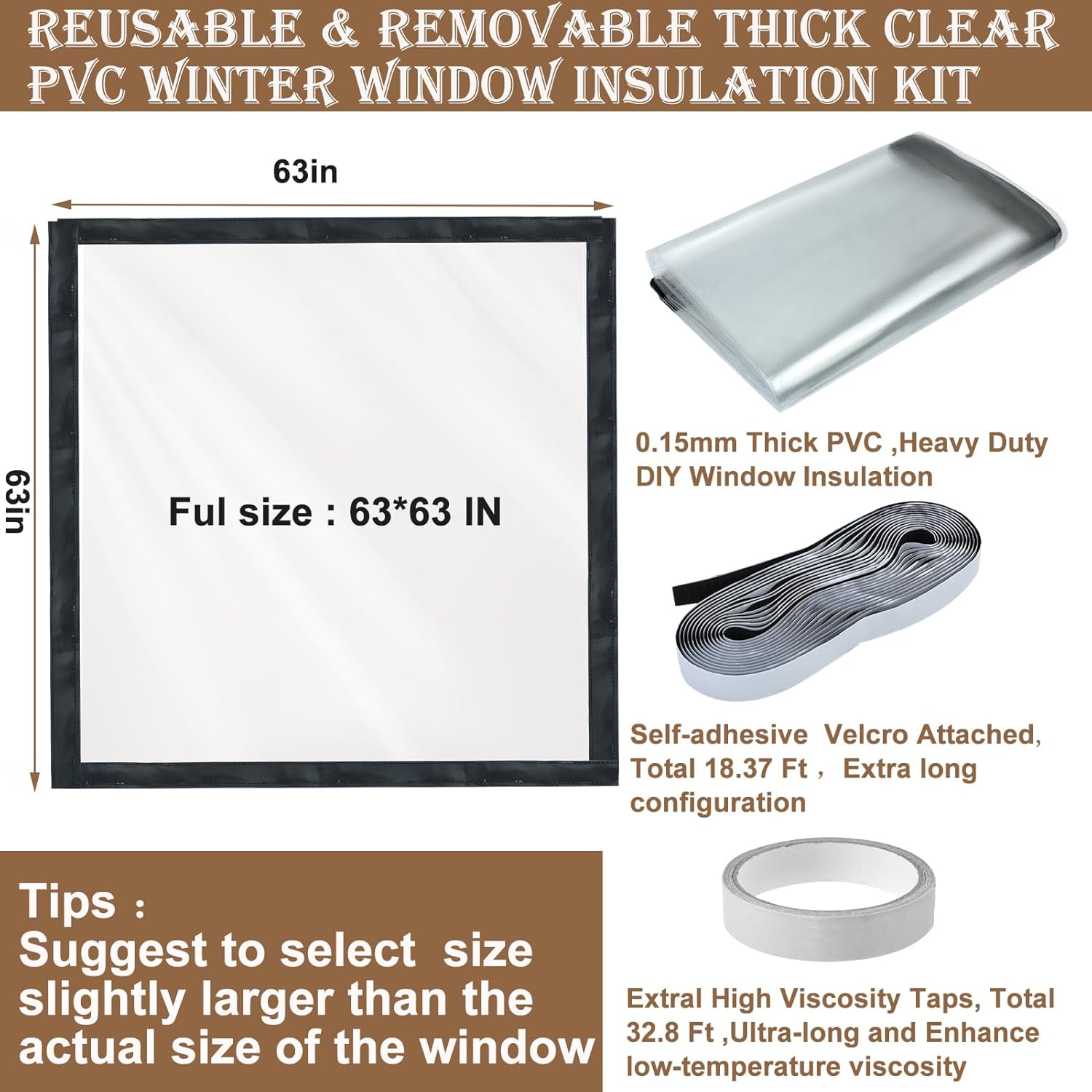 Window Insulation Kit for Winter Adjustable Plastic Insulated Window Cover Sealer Reusable Thermal Thicken Clear Insulation Wrap Transparent Film with Hook and Loop Tape for Winterizing 63'' x 63''