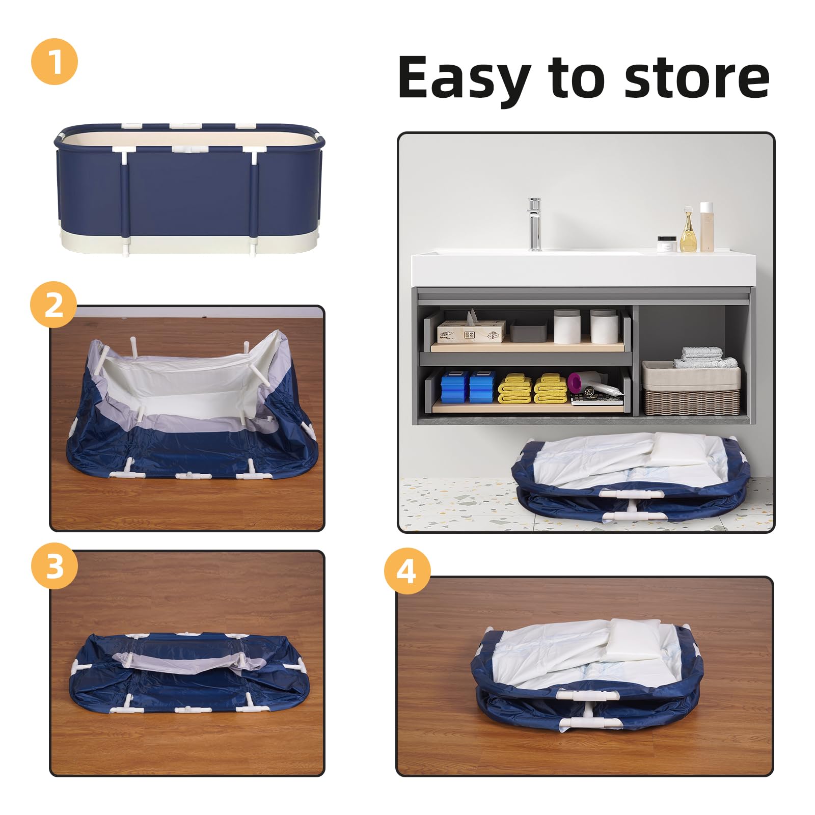 Vasca da bagno portatile, vasca da bagno pieghevole da 115cm, vasca da bagno addensata a 7 strati con supporto in metallo, SPA (Blu e bianco)