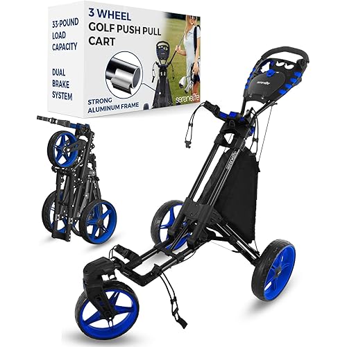 SereneLife 3 Wheel Golf Push Pull Cart – Lightweight, Foldable, Bag Holder with Adjustable Handle, Caddy Accessories, Compact Folding Golf Trolley for Travel