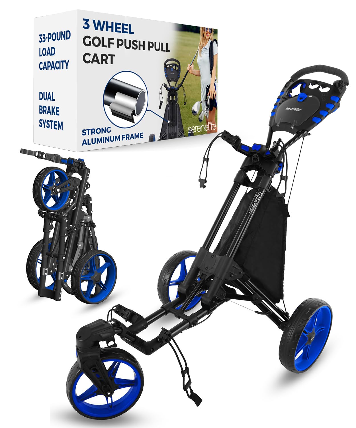 Carrito de golf de 3 ruedas – Soporte plegable ligero para bolsa de golf con pie / mango de freno, soporte superior/inferior con correa elástica, tarjeta de puntuación/taza/bolsa soporte de almacenamiento SLGZ48