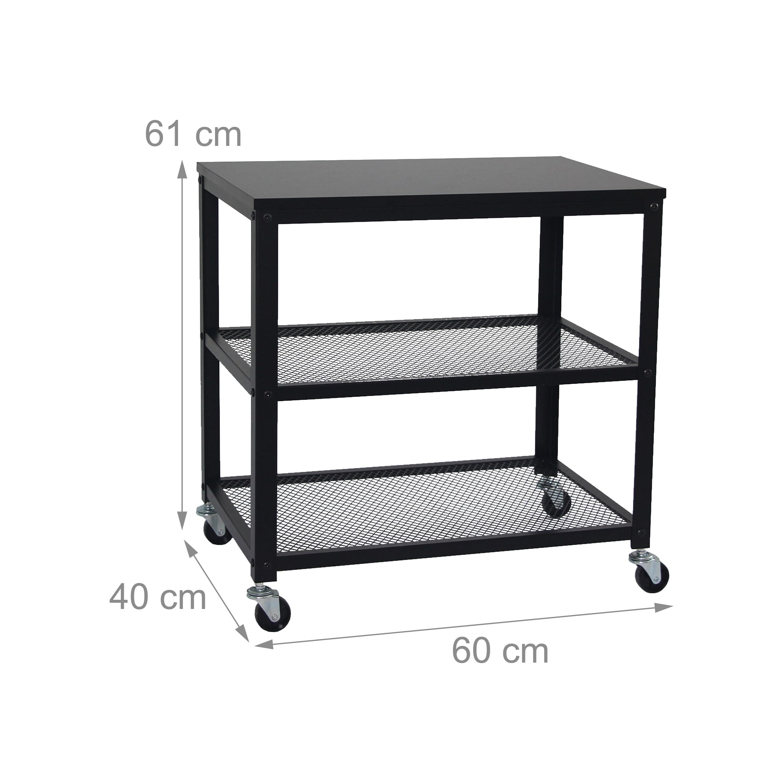 Carro Relaxdays, 3 estantes, Cocina y salón, Medidas H x B x T: 61 x 60 x 40 cm, Carro móvil con Ruedas, Negro