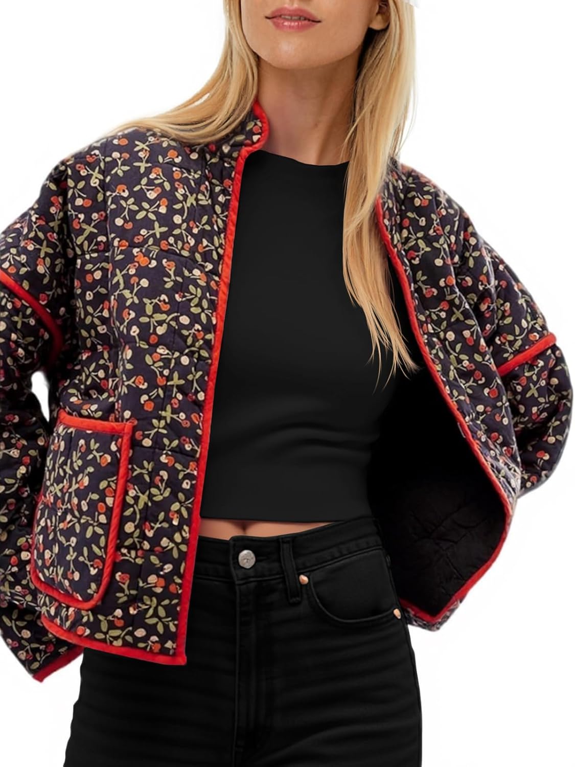 Tankaneo Womens Quilted Lightweight Jackets Floral Print Winter Coats Open Front Cardigan with Pockets