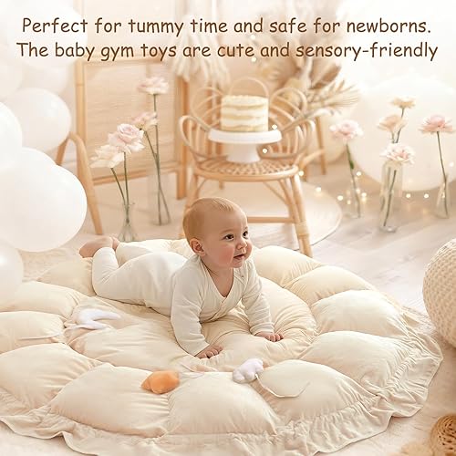 Miniatura 5 de Gimnasio de juegos para bebés, alfombrillas de juego para bebés, tapete de felpa y grueso para el tiempo boca abajo con 6 juguetes, centro de