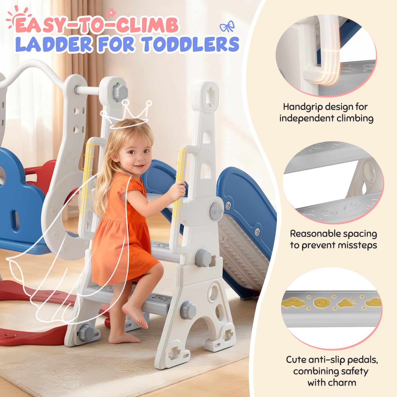 Tobogán Infantil 6 en 1 con Estructura para trepar, Canasta de Baloncesto y portería de fútbol – Set de tobogán de plástico para Interiores – Juguete Montessori (Azul/Rojo)