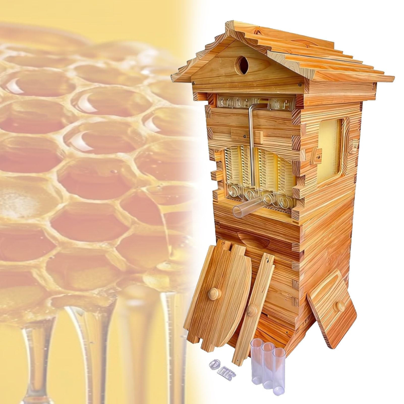 Pvxa Beehive Starter Kit Complete Bee Box with Observation Window, Wooden Flow Hive Beehive, Simplify Honey Extraction for Backyard Beekeepers
