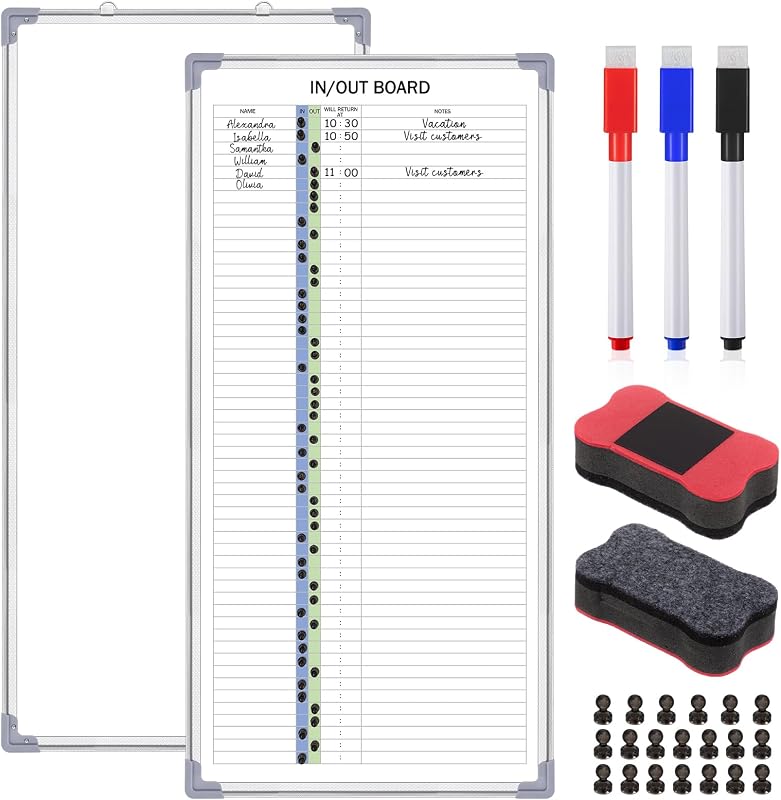in and Out Magnetic Dry-Erase Board 36 x 18 Aluminum Framed White Board with Lines 53 Names with Magnetic Dry-Erase Marker, Eraser, and 55 Magnets Wall-Mounted for Office Employee