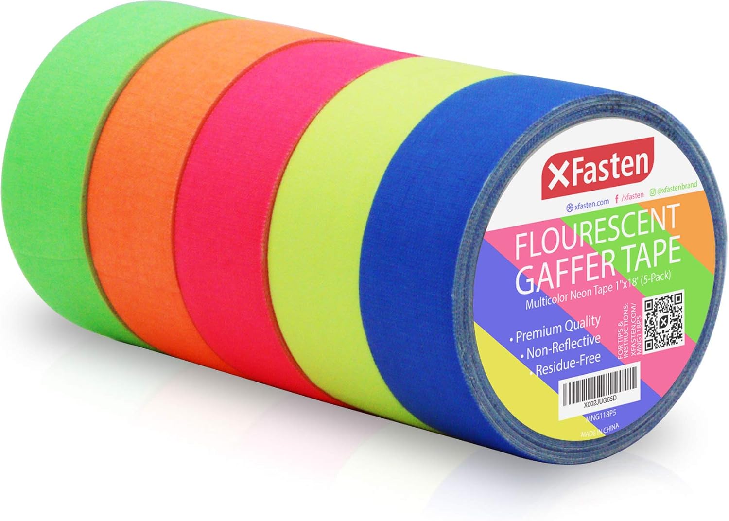 XFasten Multicolor Neon Gaffer Tape, 1-inch x 18-Feet, UV Blacklight Reactive Fluorescent Tape (5-Pack, Multicolor) Heavy Duty, Non-Reflective, Neon Fluorescent Gaffers Tape : Industrial & Scientific