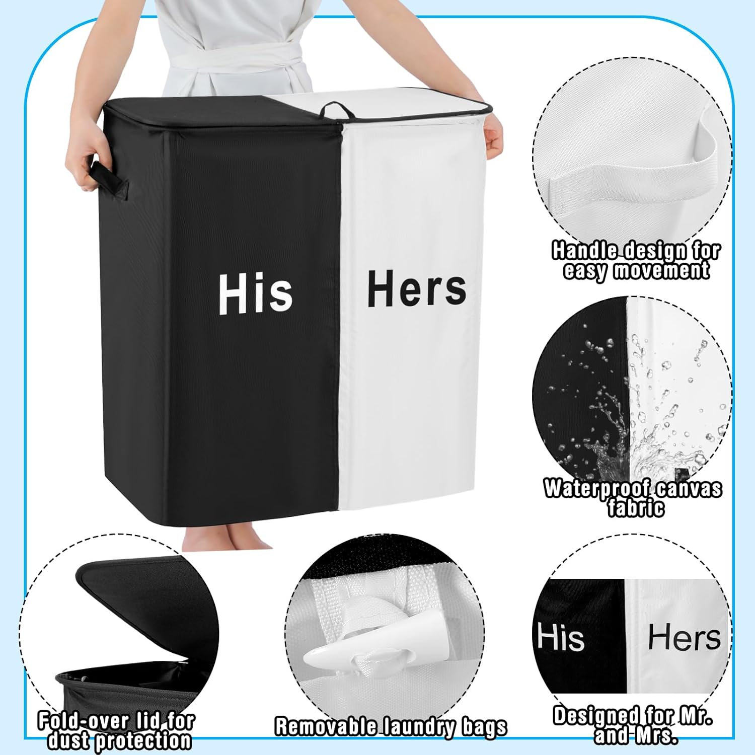 154L Large Double Laundry Hamper with Lid and Removable Bags Laundry Basket 2 Section Collapsible Dirty Clothes Hamper for Bathroom Bedroom for Husband&Wife Parents or Couple(His Hers)