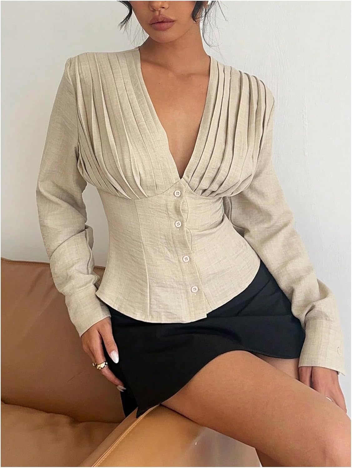 SweatyRocks Women's Deep V Neck Pleated Button Down Shirts Long Sleeve Fitted Going Out Collared Blouse Top - Image 5