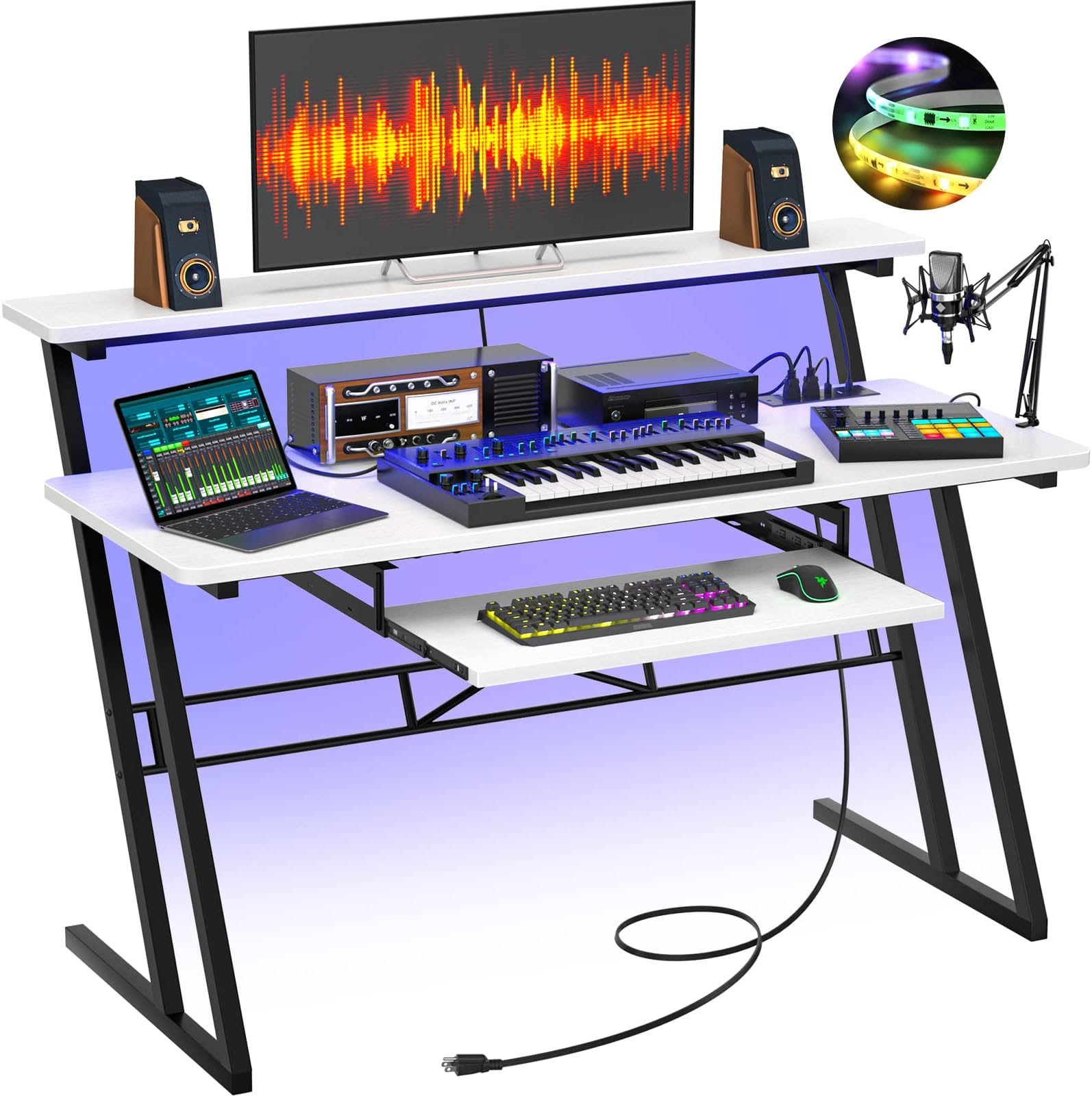 Armocity Music Studio Desk, Music Production Workstation with Power Outlets and RGB LED Lights, Recording Studio Table Desks Music Producer for Home, White and Black
