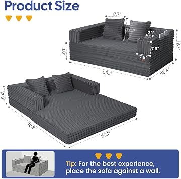 COMAX Futon Sofa Bed, 4in1 Convertible Sofa Bed, Boneless Couches for Living Room, Fold Out Small Foldable Loveseat SpaceSaving, Ash Gray