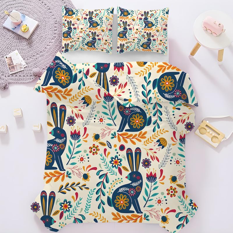 Housse de couette lapin bleu 140x200 cm avec 2 taies pour lit 1 personne