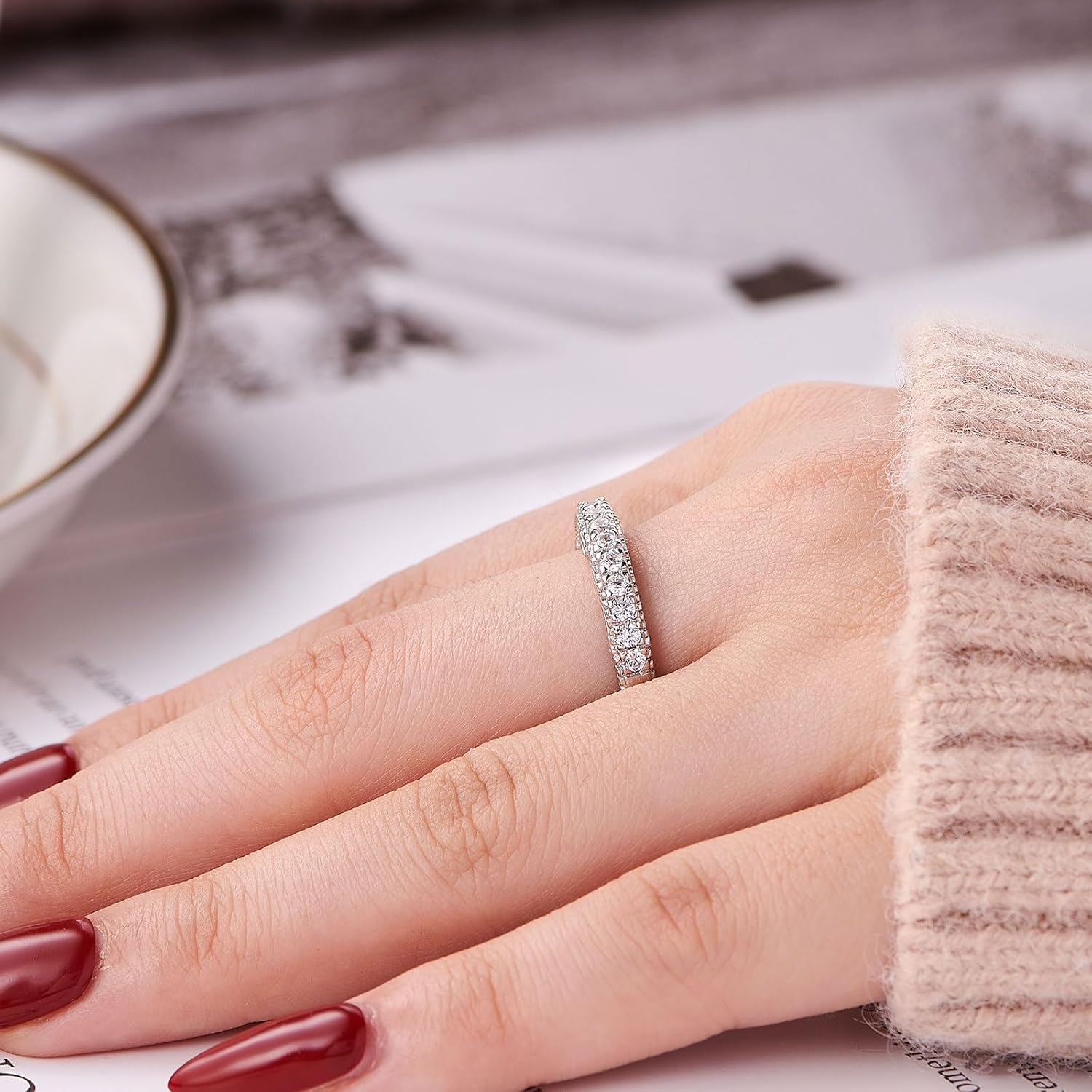 Wuziwen Stackable Eternity Guard Ring Enhancer for Women 925 Sterling Silver CZ Half Eternity Promise Ring for Her